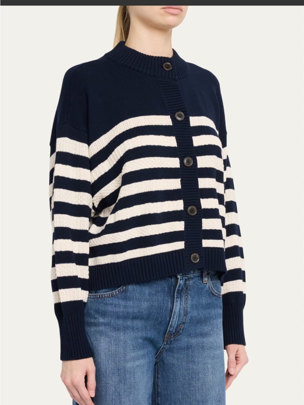 Frame Denim Navy and Cream Striped Button-Front Cardigan.NEW